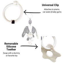 Load image into Gallery viewer, Teething ring with a universal clip and removable silicone teether on a white background