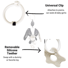 Load image into Gallery viewer, Teething ring with a universal clip and removable silicone teether on a white background