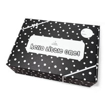 Load image into Gallery viewer, Young Wonderer High Contrast Baby Gift Box Black polka dot box with 'hello little one!' text on a white background