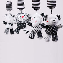 Load image into Gallery viewer, sensory toy, baby sensory, baby toy, Black and white hanging bear toy. high contrast baby toy, young wonderer, young wonderer baby boutique, black and white baby toy, high contrast baby toy, high contrast toy, black and white toy, hanging baby toy, black and white hanging toy, baby gym toy, baby gym hanging toy, high contrast, black and white