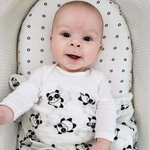 Load image into Gallery viewer, black and white muslin, black and white baby muslin wrap, baby muslin wrap, baby muslin australia, baby wrap australia, feather muslin, zebra muslin, panda muslin, snowflake muslin, winter muslin wrap, winter baby wrap, high contrast wrap, high contrast baby, high contrast muslin, Young wonderer, young wonderer baby boutique