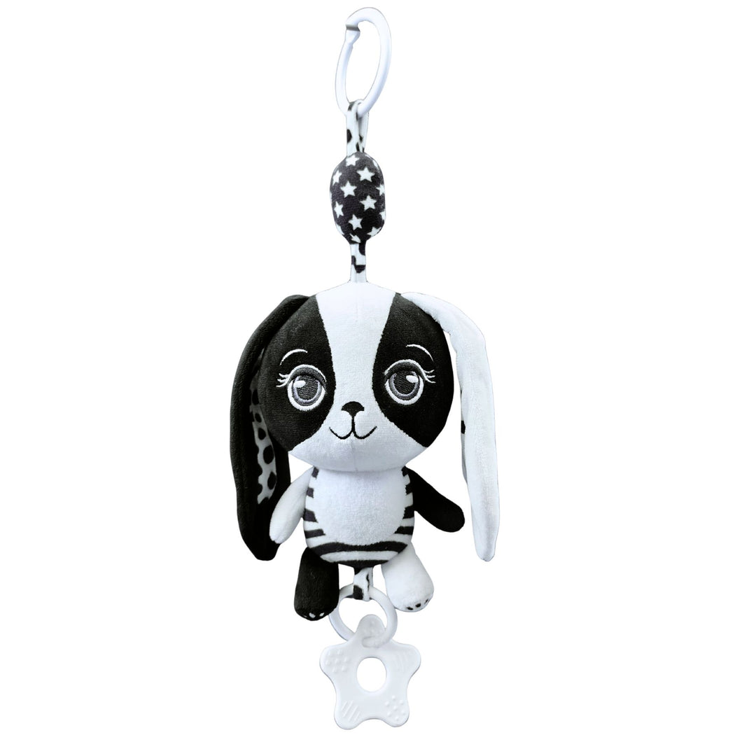 Billie the Bunny high-contrast black and white hanging sensory toy with clip