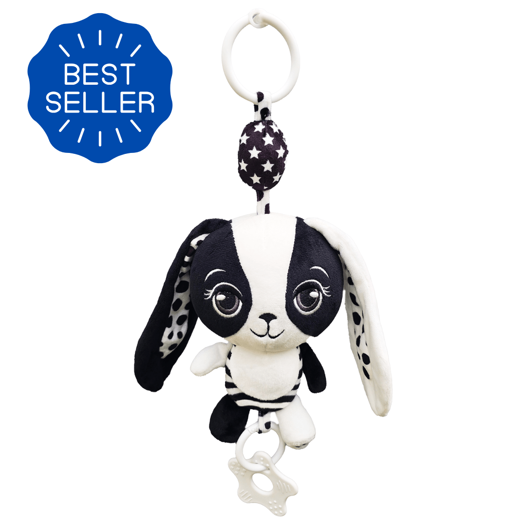 Billie the Bunny high contrast sensory hanging toy with Best Seller badge – black and white plush toy for baby vision development and pram play