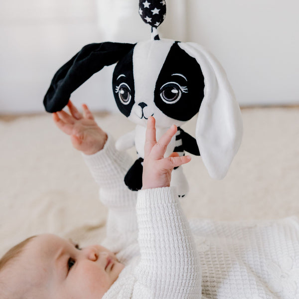 Close-up of Billie the Bunny baby high contrast hanging toy showing crinkle ears and clip for prams or play gyms