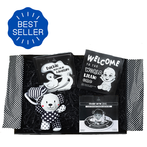 Little Wonder Black and White Unisex Baby Gift Set Best Seller newborn sensory gift box featuring high contrast baby books, plush toy, and water play mat – designed to support early vision and sensory development