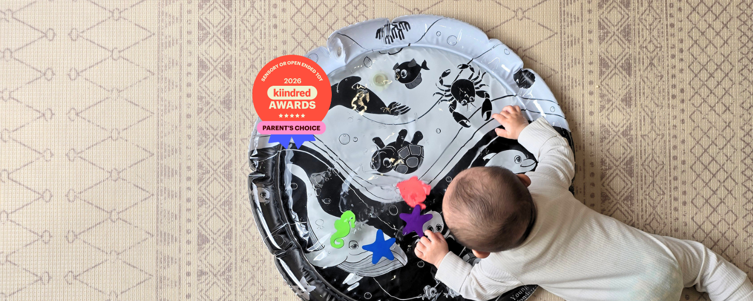 Black and white sensory water mat for babies. Supports tummy time, vision development & motor skills. 2026 Kiindred Parents' Choice Award winner.