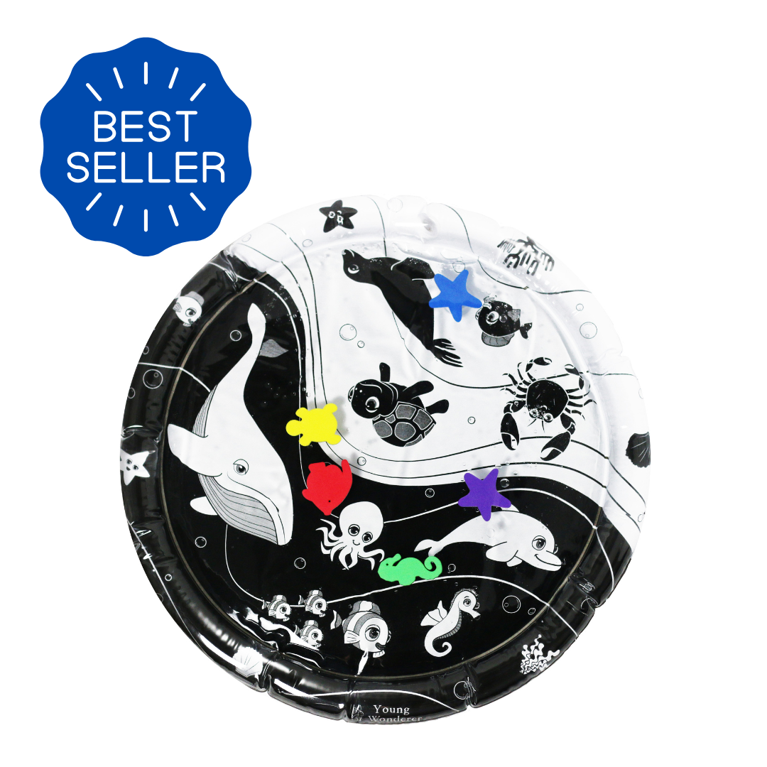 Under The Sea Water Mat High contrast black and white baby water play mat with ocean animals and floating coloured shapes – labelled Best Seller for tummy time and sensory development.