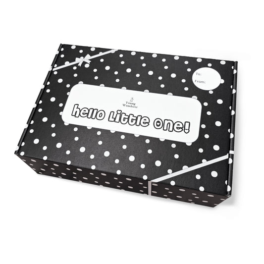 Young Wonderer High Contrast Baby Gift Box Black polka dot box with 'hello little one!' text on a white background