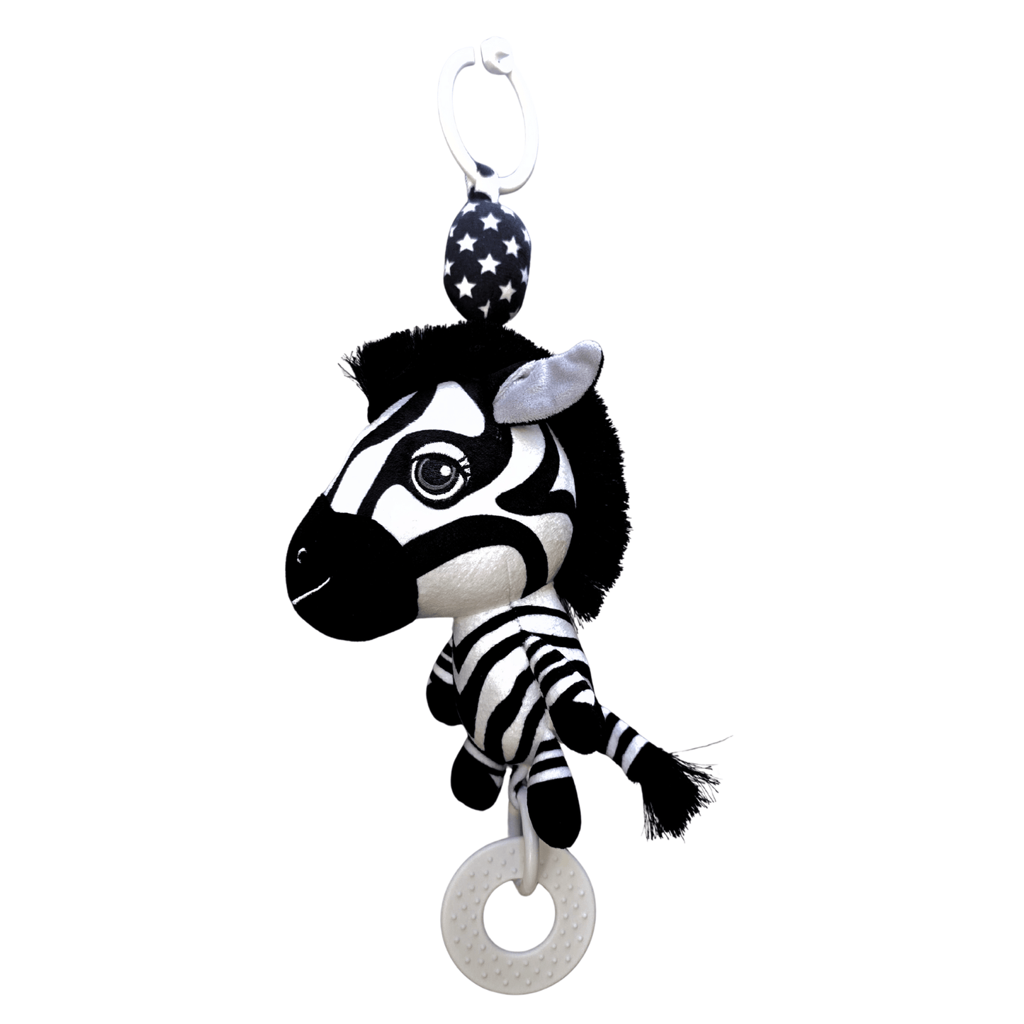 Ziggy the Zebra Hanging Baby toy Black-and-white zebra plush hanging baby toy with a teething ring, shown on a white background. Pram toy, hanging toy for baby gym, baby car toy