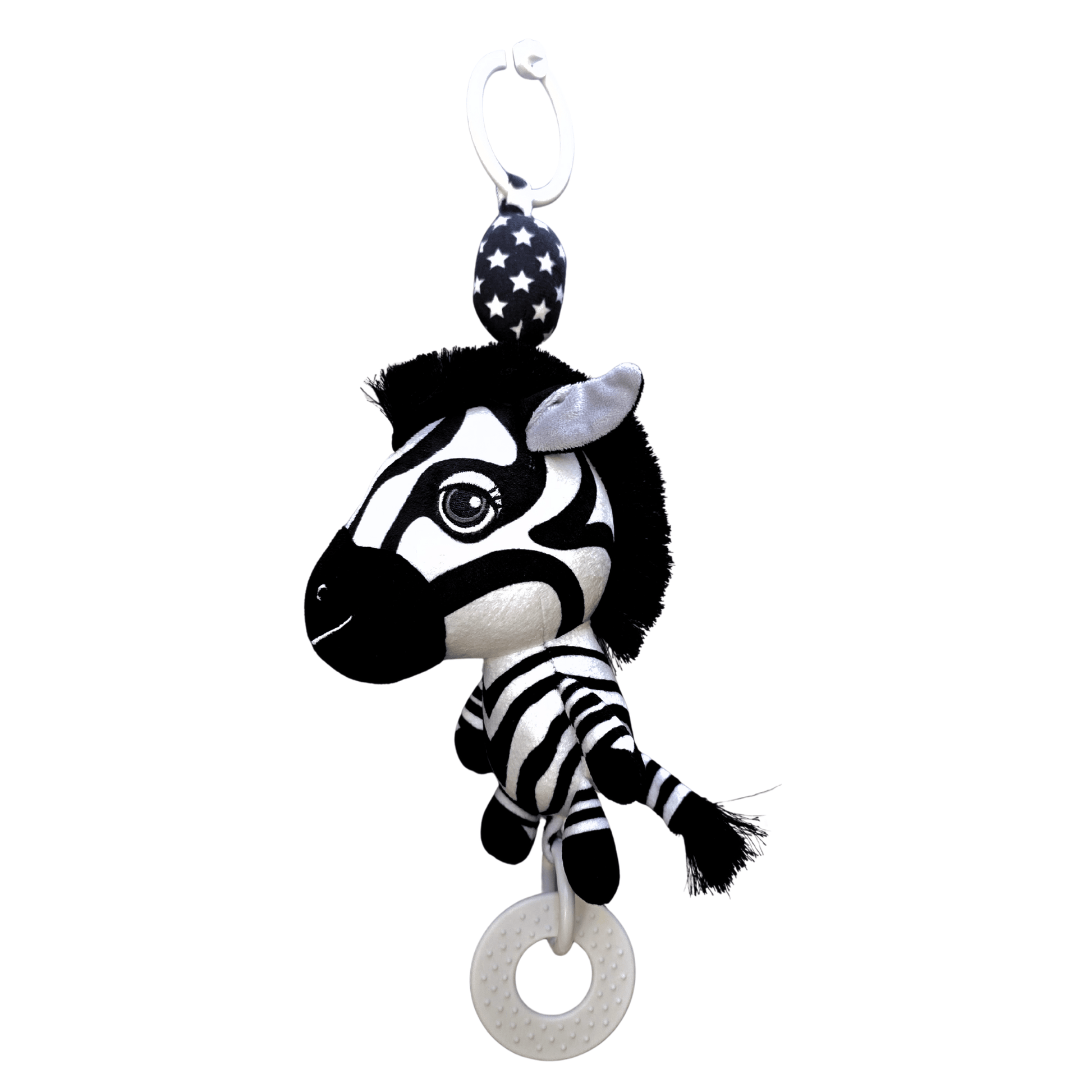 Ziggy the Zebra Hanging Baby toy Black-and-white zebra plush hanging baby toy with a teething ring, shown on a white background. Pram toy, hanging toy for baby gym, baby car toy