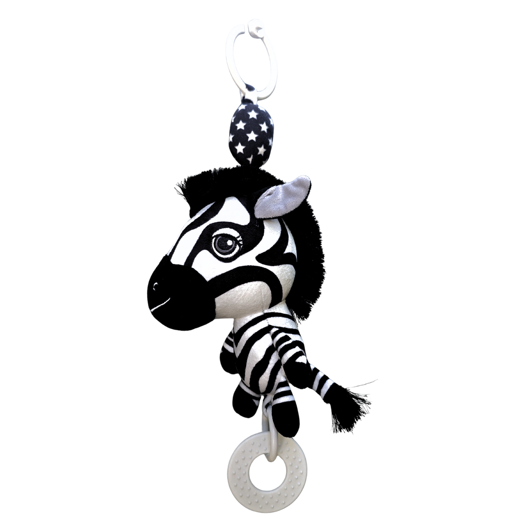 Ziggy the Zebra Hanging Baby toy Black-and-white zebra plush hanging baby toy with a teething ring, shown on a white background. Pram toy, hanging toy for baby gym, baby car toy