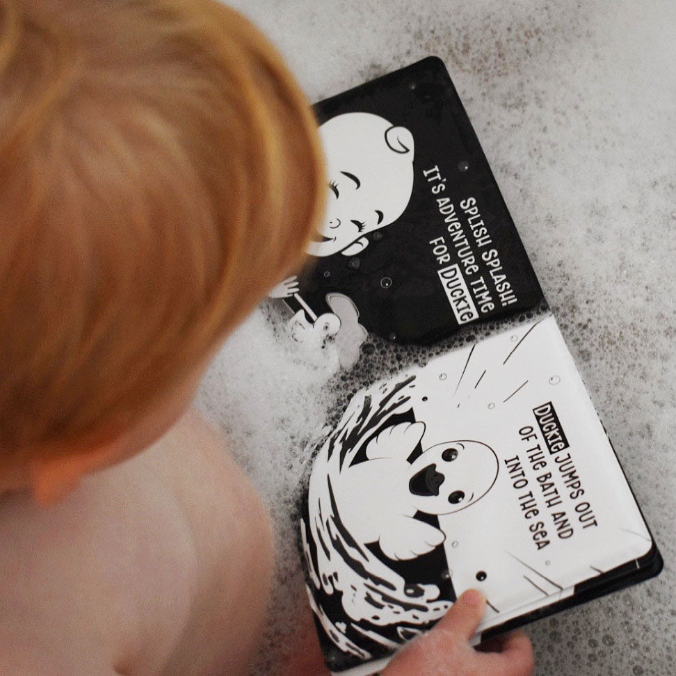baby bath book,  high contrast baby book, black and white baby bath book, black and white water bath book, high contrast bath book, black and white baby toys, Young Wonderer, young wonderer baby boutique, baby boutique australia,  black and white baby toys australia, bath book, baby bath book, sensory play, bath sensory play