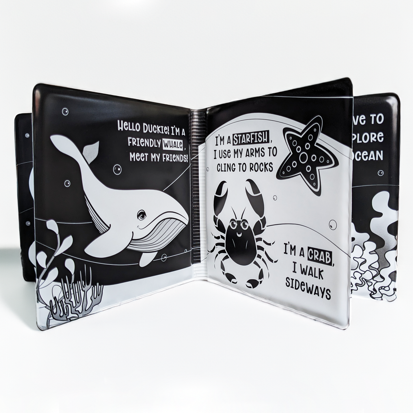 baby bath book,  high contrast baby book, black and white baby bath book, black and white water bath book, high contrast bath book, black and white baby toys, Young Wonderer, young wonderer baby boutique, baby boutique australia,  black and white baby toys australia, bath book, baby bath book, sensory play, bath sensory play